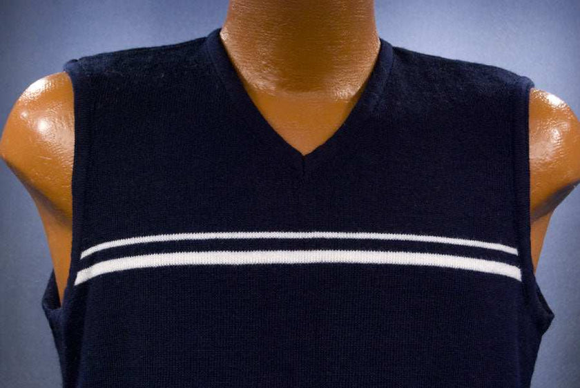 Men's retro navy-blue sleeveless sweater-vest with thin grey and white stripes by Bugle Boy, size small 40-42