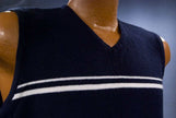 Men's Retro Blue Sweater-Vest navy-blue sleeveless with grey-white stripes by Bugle Boy size small 40-42