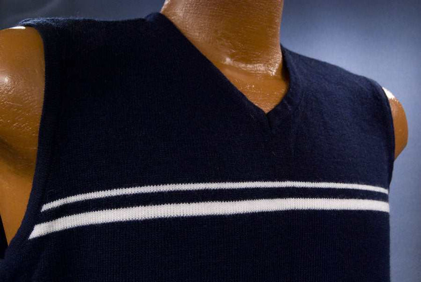 Men's Retro Blue Sweater-Vest navy-blue sleeveless with grey-white stripes by Bugle Boy size small 40-42