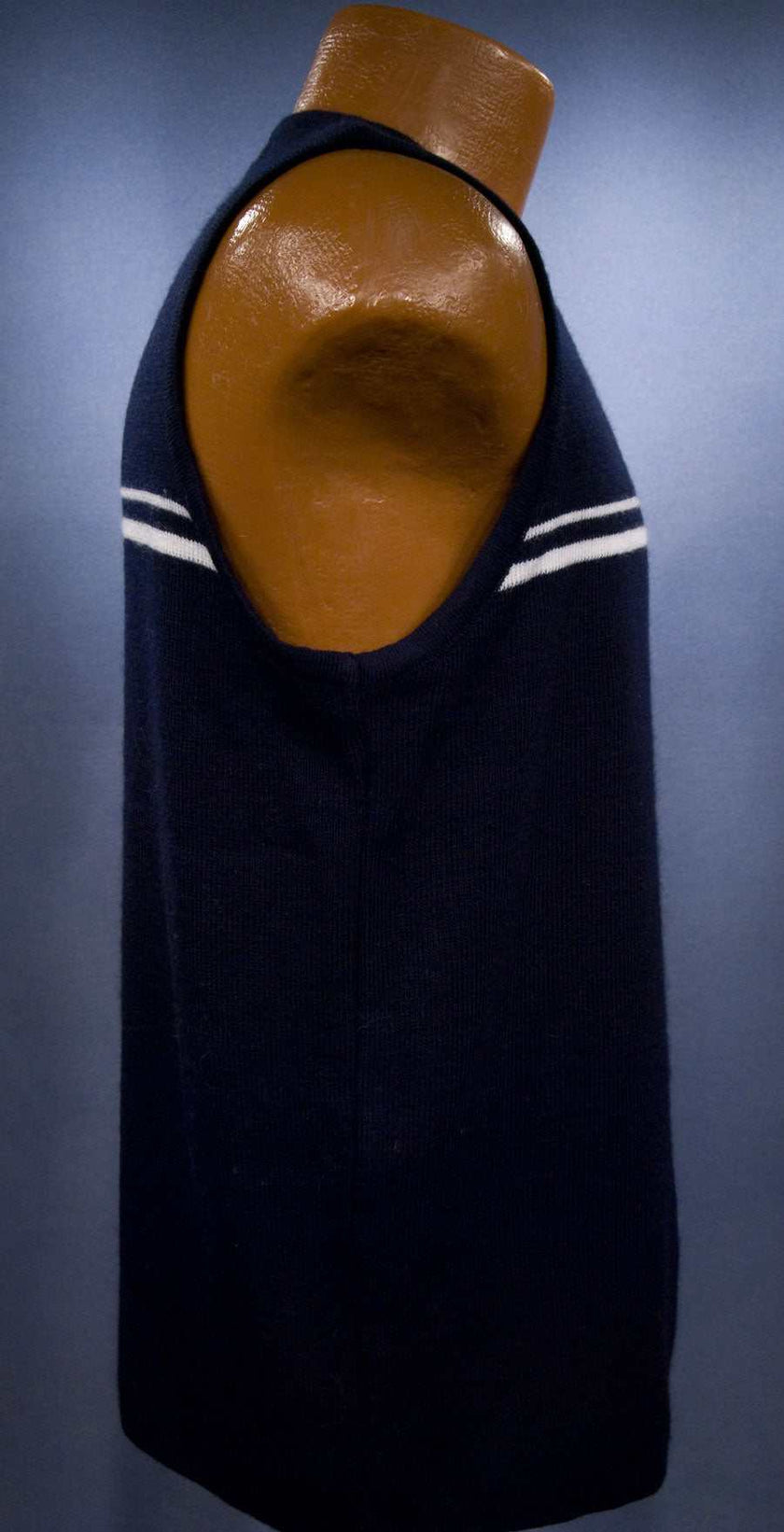 Men's Retro Blue Sweater-Vest navy blue sleeveless vest with grey white stripes by Bugle Boy size small 40-42