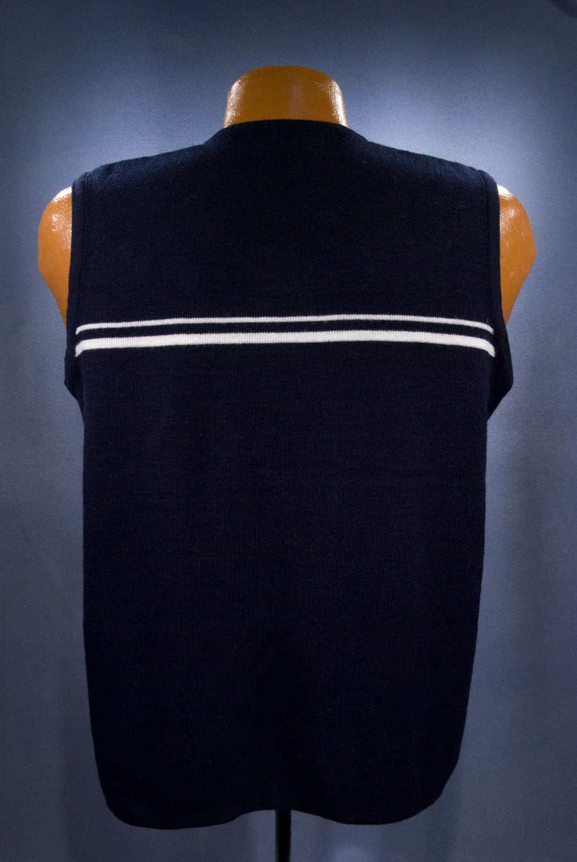 Men's retro navy-blue acrylic sleeveless sweater-vest with grey and white stripes by Bugle Boy in size small 40-42