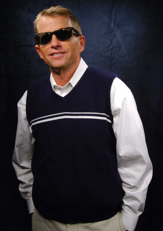 Men's retro navy-blue sleeveless sweater-vest with grey and white chest stripes by Bugle Boy, size small 40-42