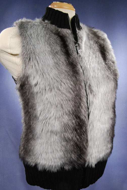 Girl's/Woman's grey faux-fur vest with black rib-knit trim and front zipper, size small