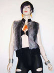 Girl's/Woman's grey and black faux-fur sleeveless vest with zipper front and rib-knit trim