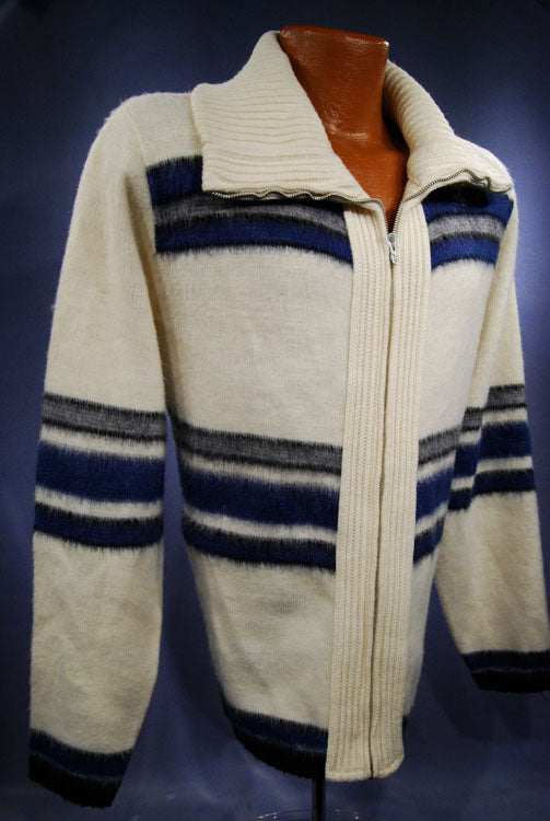 Men's retro zipper-front ivory polo-neck cardigan with blue grey black stripes by Dimension by Milford