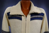 Men's retro zipper-front ivory faux-mohair cardigan with blue and grey stripes