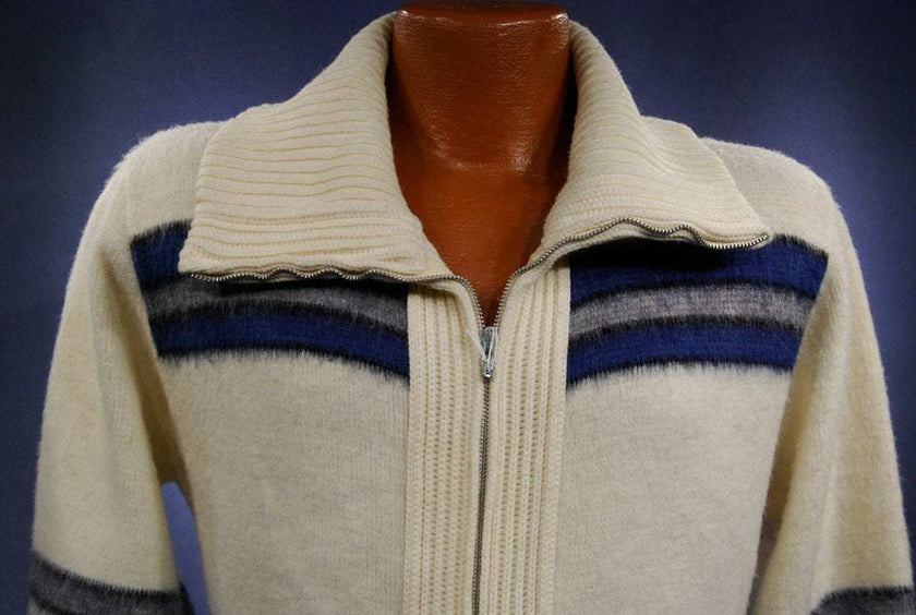 Men's retro zipper-front ivory faux-mohair cardigan with blue and grey stripes