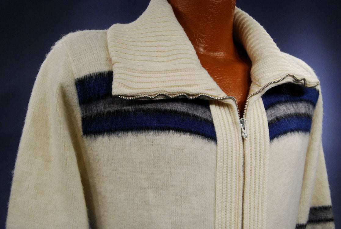 Men's Retro Zipper-front ivory faux-mohair cardigan with blue, grey, and black stripes