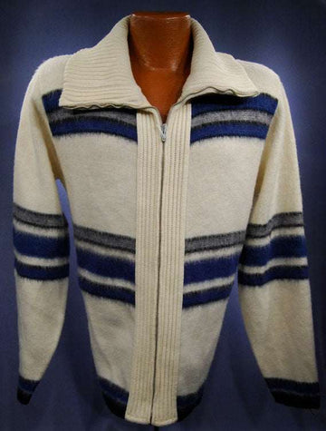 Men's retro zipper-front ivory faux-mohair cardigan with blue, grey, and black stripes