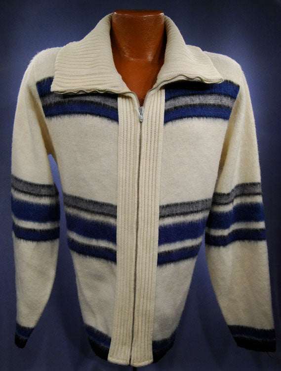Men's retro zipper-front ivory faux-mohair cardigan with blue, grey, and black stripes