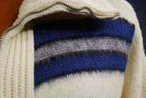 Men's retro zipper-front ivory faux-mohair cardigan with blue, grey, and black stripes by Dimension by Milford