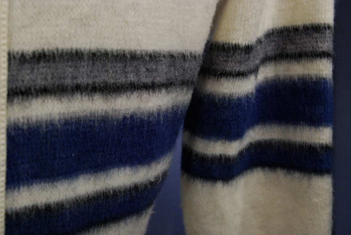 Men's retro zipper-front ivory faux-mohair cardigan with blue, grey, and black stripes by Dimension by Milford