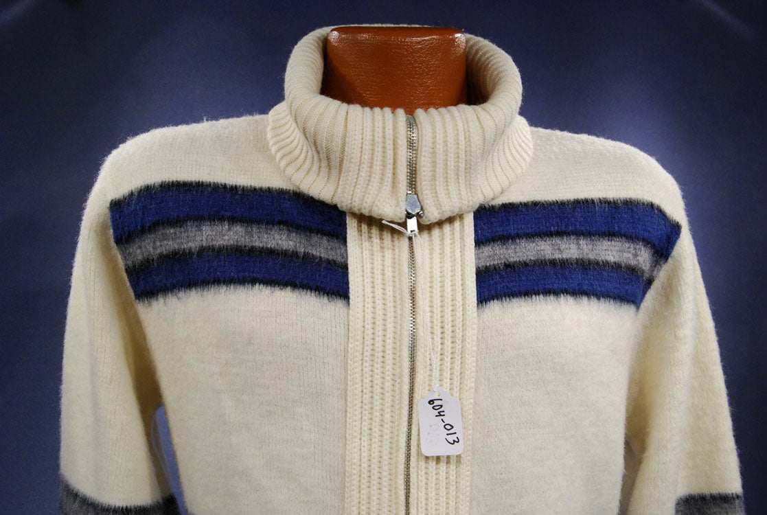 Men's retro zipper-front ivory faux-mohair cardigan with blue grey black stripes by Dimension by Milford