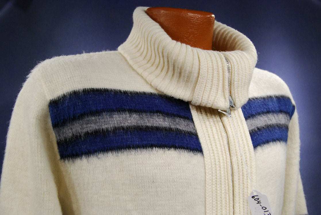 Men's retro zipper-front ivory faux-mohair cardigan with blue, grey, and black stripes