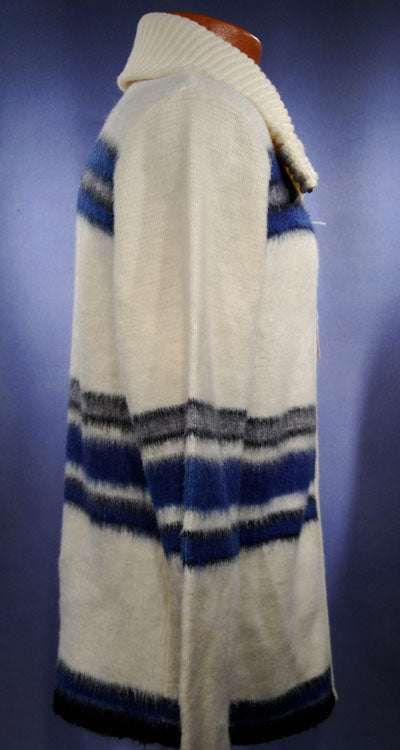 Men's retro zipper-front ivory faux-mohair cardigan with blue grey black stripes