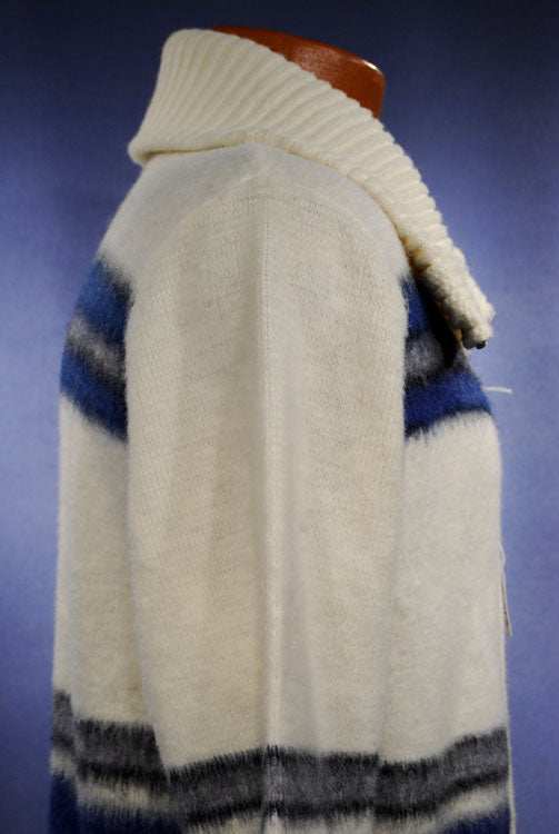 Men's retro zipper-front ivory cardigan sweater with blue, grey, and black stripes by Dimension by Milford