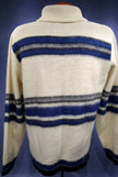 Men's retro zipper-front ivory faux-mohair cardigan with blue, grey, and black stripes by Dimension by Milford