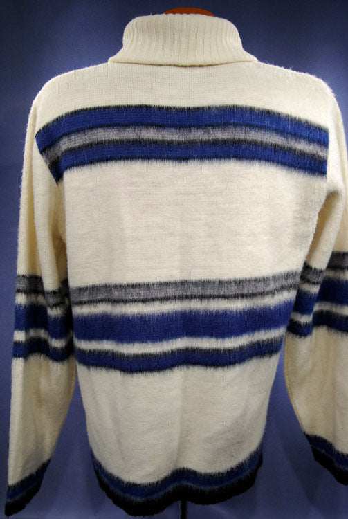 Men's retro zipper-front ivory faux-mohair cardigan with blue, grey, and black stripes by Dimension by Milford