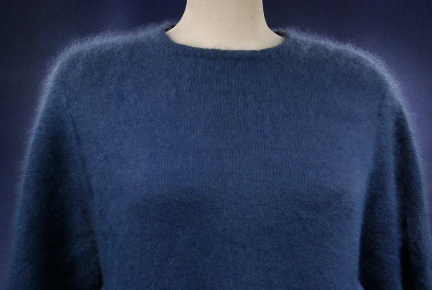 Woman's blue-grey short-sleeved angora sweater by Caslon in medium size