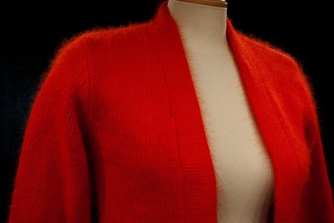 Woman's Angora Shrug cardigan sweater by Moda International for Victoria Secrets, soft open-front cropped three-quarter sleeve design