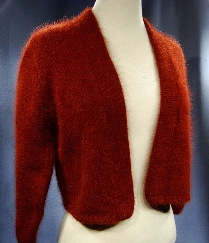 Woman's Angora Shrug cardigan sweater by Moda International for Victoria Secrets, soft open-front cropped cardigan with three-quarter sleeves