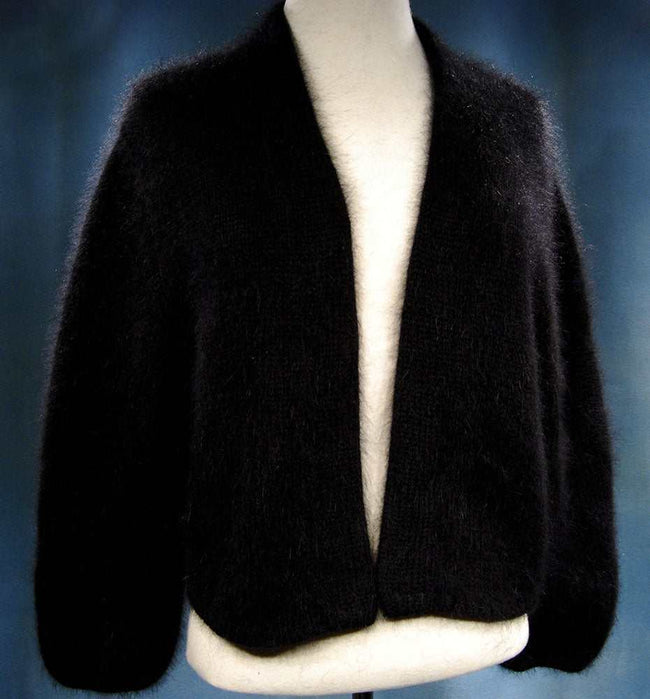 Woman's Angora Shrug cardigan sweater by Moda International for Victoria Secrets, very soft open-front cropped three-quarter sleeve style