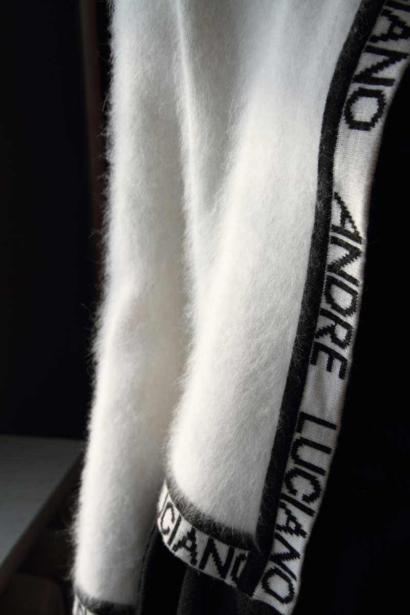 Woman's fancy white angora cardigan sweater with Andre Luciano embroidered trim, size XS