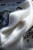 Woman's fancy white angora sweater open-front cardigan with Andre Luciano trim, size X-Small
