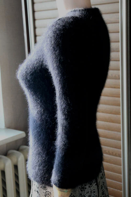 Woman's Black Angora Cardigan Sweater with Unique Hook and Loop Closures