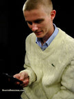 Men's classic retro ivory cable-knit Izod Lacoste tennis sweater with crocodile logo