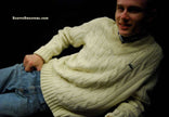 Men's classic retro ivory Izod cabled tennis sweater with crocodile logo