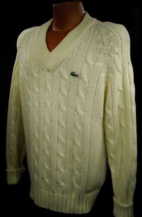 Men's classic retro ivory Izod cable-knit tennis sweater with crocodile logo