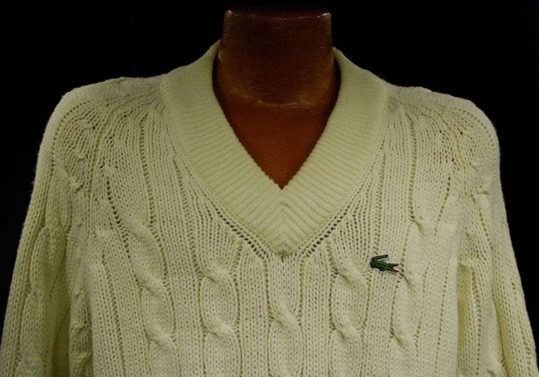 Men's classic retro ivory cable-knit Izod Lacoste tennis sweater with crocodile logo