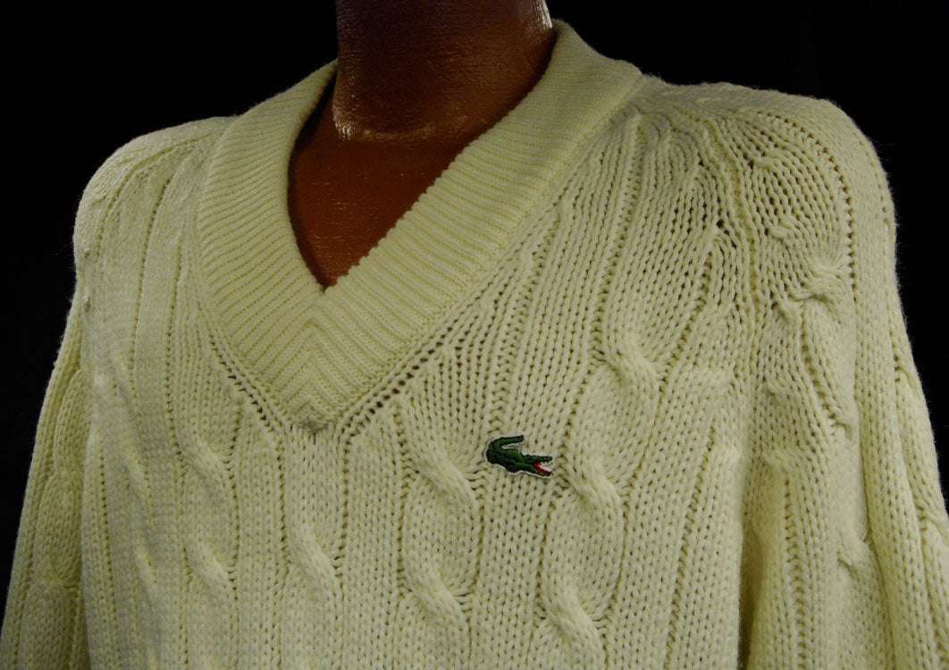 Men's classic retro ivory cable-knit Izod Tennis Sweater with crocodile logo