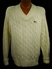 Men's classic retro ivory cable-knit Izod Lacoste tennis sweater with crocodile logo