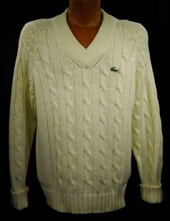 Men's classic retro ivory cable-knit Izod Lacoste tennis sweater with crocodile logo