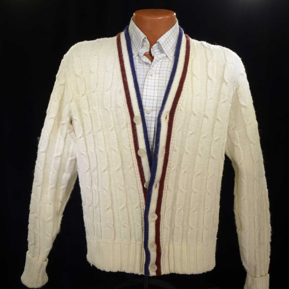 Men's retro cable-knit tennis sweater cardigan by McGregor, pre-owned, size small or boys medium