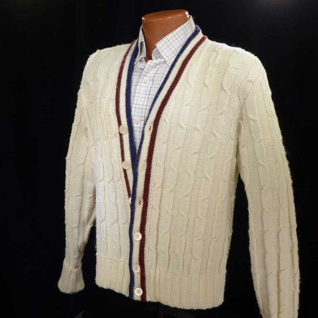 Men's retro cable-knit tennis sweater cardigan by McGregor, pre-owned, size likely men's small or boy's medium