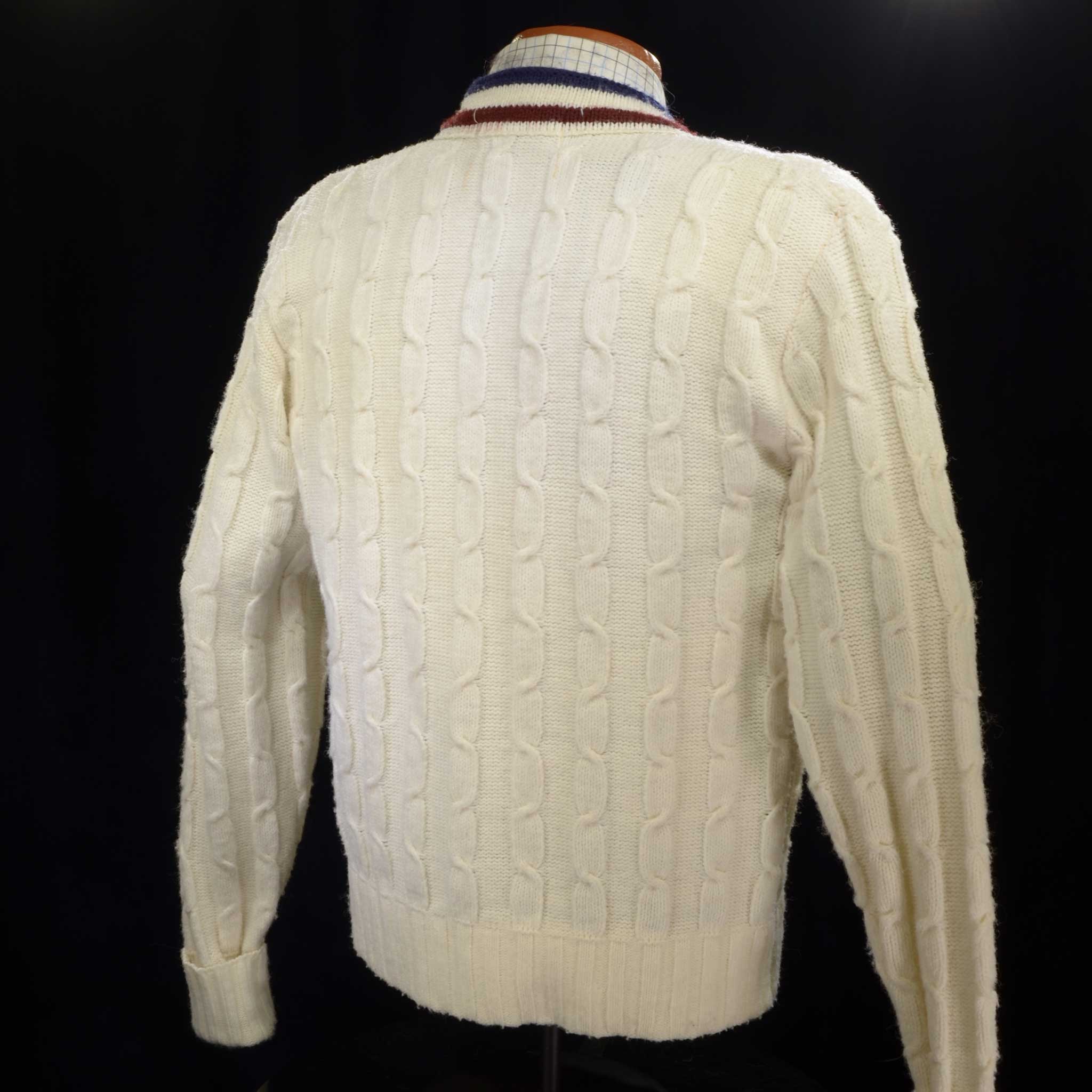 Men's retro cable-knit tennis sweater cardigan by McGregor, size large, pre-owned, short length