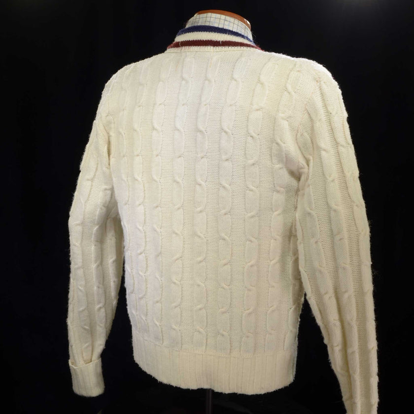 Men's retro cable-knit tennis sweater cardigan by McGregor, size large, pre-owned, short length