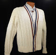 Men's retro cable-knit tennis sweater cardigan by McGregor, size large, pre-owned, short length design for teen boys or men's small.