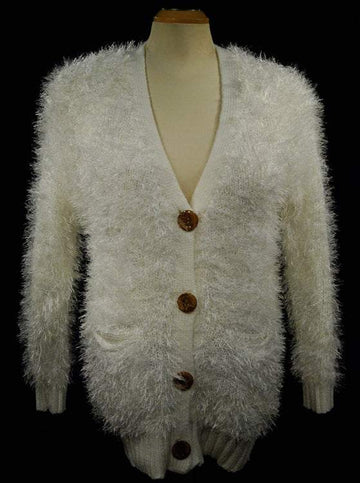 Woman's eyelash cardigan sweater with long fuzzy acrylic fibers, imitation rabbit fur, four buttons, and front pockets in white.