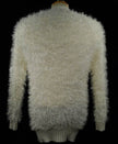 Woman's eyelash cardigan sweater with long fuzzy acrylic fibers in light beige color shown from back
