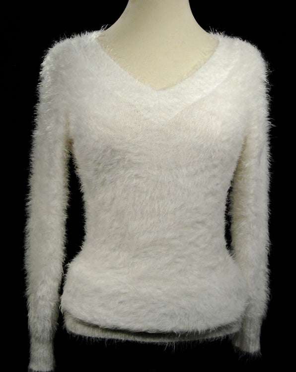 Woman's white ultra-soft fuzzy V-neck pullover sweater with long sleeves and cling fit design