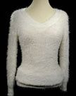 Woman's white ultra-soft fuzzy V-neck pullover sweater with long sleeves and cling fit design