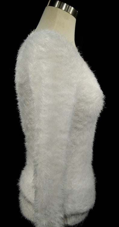 Woman's white ultra-soft fuzzy V-neck sweater with long cling-fit design on mannequin side view