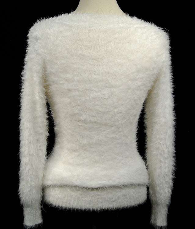 Woman's white ultra-soft fuzzy long V-neck sweater with cling fit design