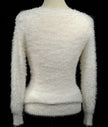Woman's white ultra-soft fuzzy long V-neck sweater with cling fit design