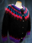 Colorful woman's mohair cardigan sweater with metal buttons and nylon lining by Icelandic design