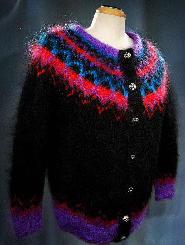 Colorful woman's mohair cardigan sweater with metal buttons and nylon lining by Icelandic design